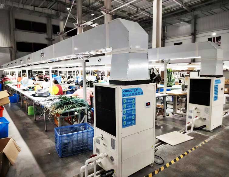 制衣廠區(qū)域崗位降溫，安裝蒸發(fā)冷省電空調(diào)-立式管道機